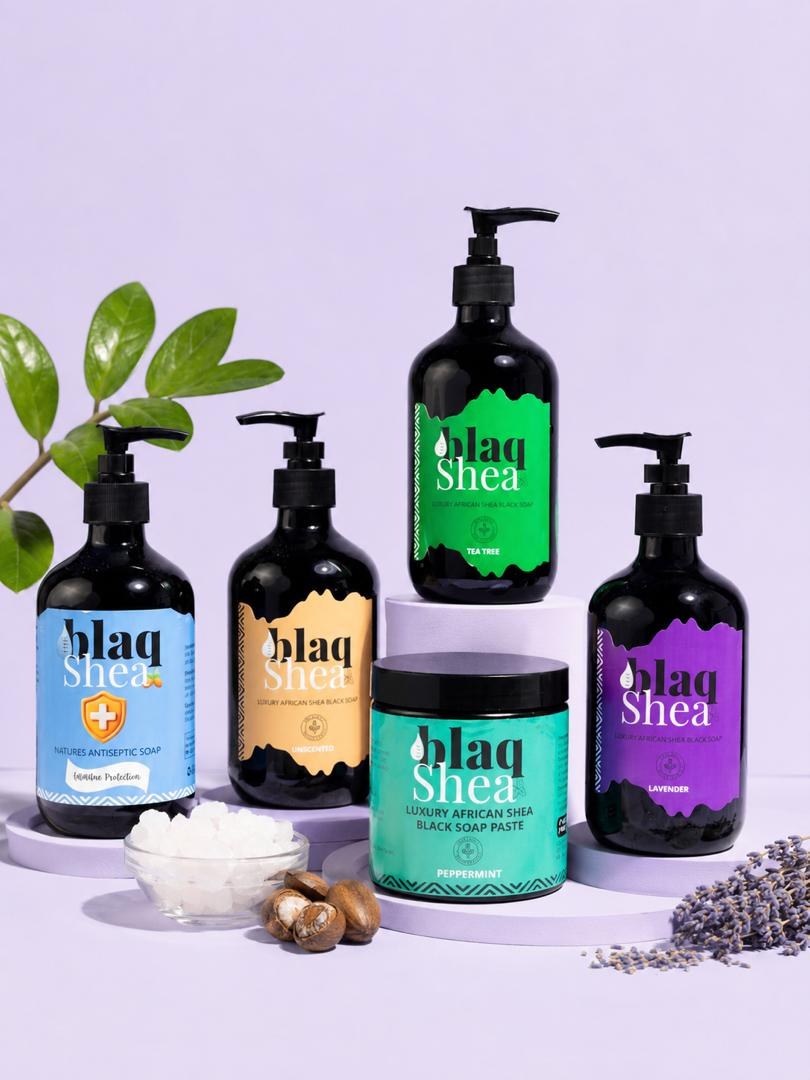 TheBlaqShea full product collection, styled with shea nuts and lavender