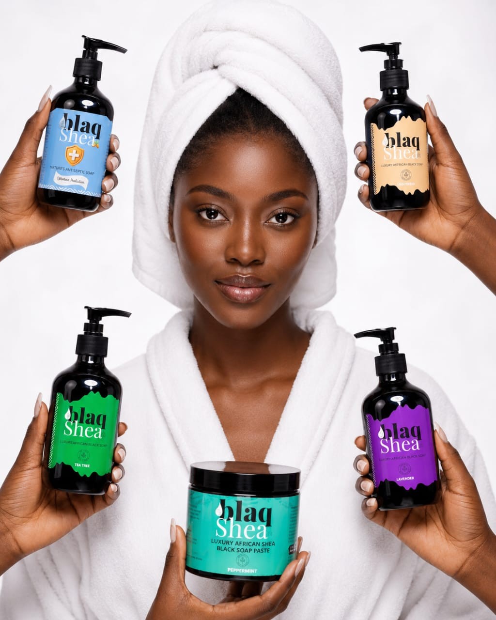 TheBlaqShea full product range — Tea Tree, Lavender, Peppermint, Antiseptic, Original